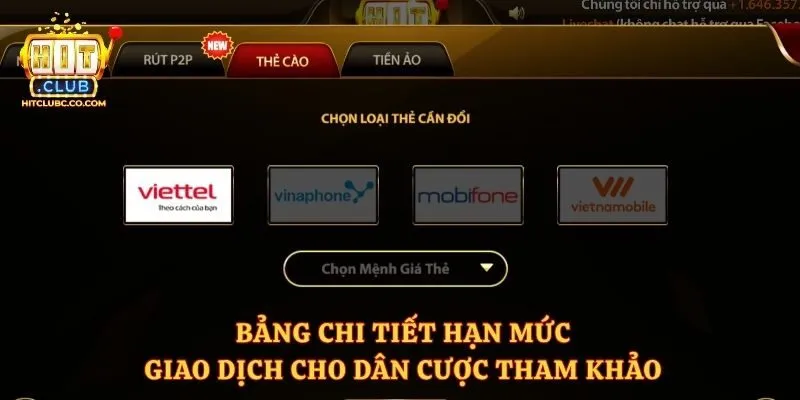 Bảng chi tiết hạn mức giao dịch cho dân cược tham khảo